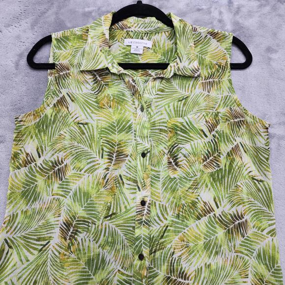 Liz Claiborne Top Womens M Green Tropical Palm Leaves Chiffon Sleeveless Button - Picture 3 of 8